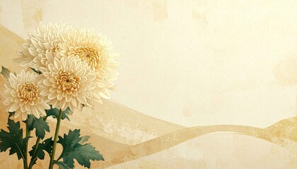 やわらかな和紙の質感に映える白菊の水彩イラスト。静けさと上品さ、日本の美意識を感じさせる和風背景。年賀状、和テイストの広告、式典、伝統行事、落ち着いたデザインに適した上質な和モダン素材。