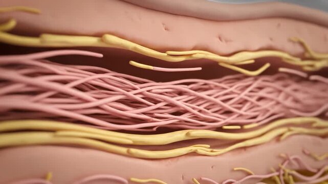 Detailed 3D animation of microscopic tissue, showing collagen and elastin fibers. Ideal for medical and scientific presentations.