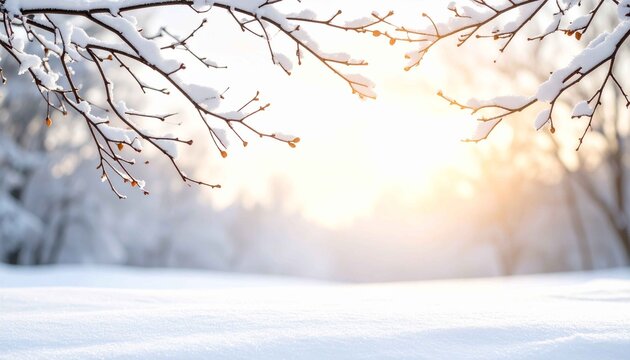 雪に覆われた静かな冬の風景と、やわらかな朝の光に照らされた枝。澄んだ空気と静寂を感じさせるナチュラルな冬背景。季節感のある広告、Webデザイン、年末年始や冬のイメージ素材として使いやすいフォトリアルな風景ビジュアル。