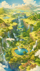 Naklejka premium 壮大な城と海が広がるファンタジー世界の街並み｜ゲーム背景用｜中世ヨーロッパ風｜イラスト素材｜空想世界の城下町｜RPGや冒険動画におすすめ