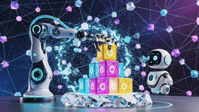 Robotic arms and a robot interact with colorful cubes on a crystal base in a futuristic setting with a network background
