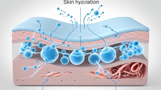3D animation illustrating skin hydration, showing moisture penetrating epidermis and dermis layers for improved health.
