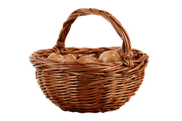 Wicker Easter Basket Filled with Eggs, Rustic Spring Tradition, isolated on transparent background