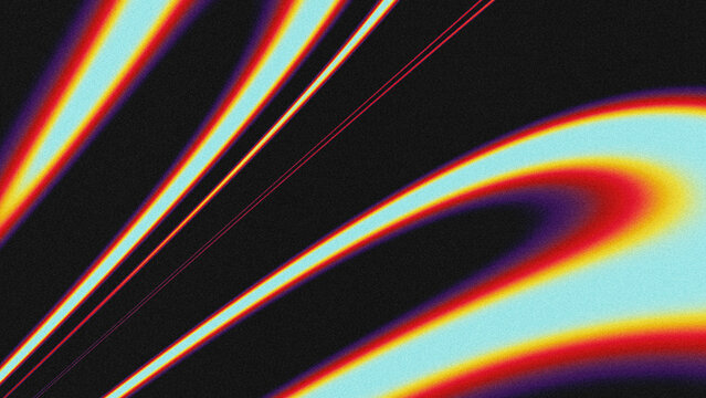 Dynamic abstract background featuring fluid rainbow-hued wave lines and crisp diagonal stripes, rendered with a grainy noise texture. 