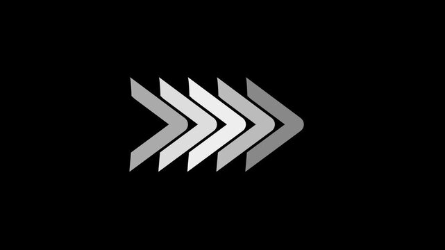 Four grey arrows pointing right on a black background in a gradient sequence direction forward