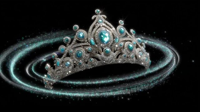 A jeweled crown with blue gems on a black background, with sparkly ribbons circling around