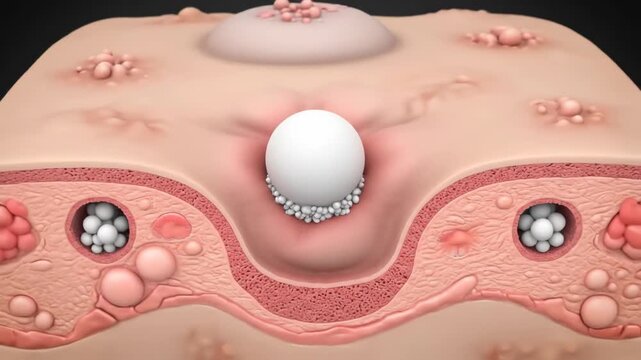 Close-up 3D animation illustrating the extraction of dirt, sebum, and whiteheads from a skin pore.