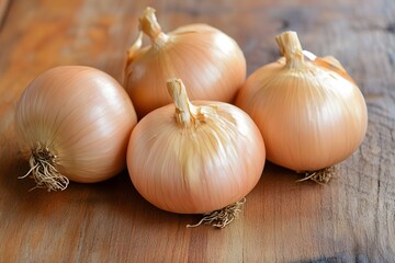 Four whole yellow onions on a wooden surface vegetable