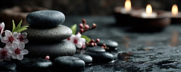 Serene spa composition featuring balancing black pebbles, delicate cherry blossoms, and warm flickering candle flames creating relaxation