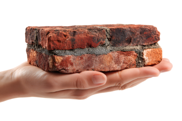 Old red brick in hand, weathered texture, construction material, isolated on transparent background