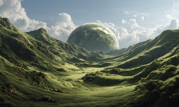 Lush green valley and mountains on an exotic world, with a large, earth-like planet hanging in the sky. Sci-fi nature scene