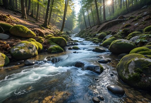 A peaceful forest river cascades over lush mossy rocks under the warm morning sun. ashley national forest