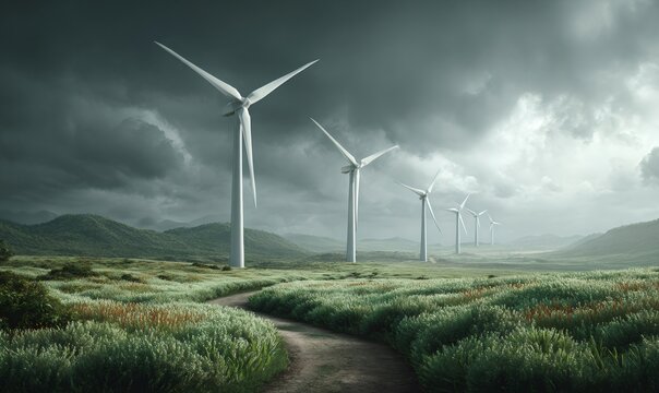 Wind turbines stand tall in a green field under a cloudy sky, illustrating renewable energy and sustainable development