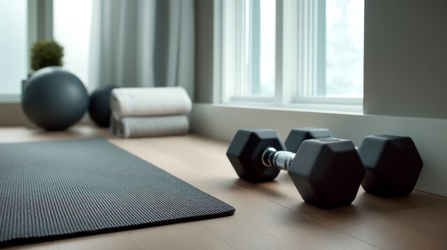 Minimal Home Workout Corner Featuring Weights and Exercise Equipment in Clean Space