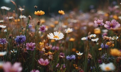 Colorful wildflowers and an active bee creating a vibrant, ecological display of pollination in a serene summer meadow © VictoriaEmerson