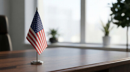 American Flag Standing on a Polished Wooden Office Desk, Against a Bright Blurred Window and Green Plants in a Modern Office.