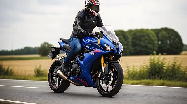 Motorcyclist Riding Blue Bike on Country Road.