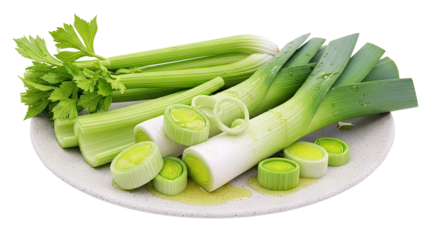 Celery and Leeks on a Plate with Oil Drips
