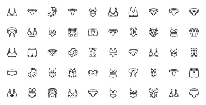 Underwear icon set. Vector lingerie collection. Includes brassiere, thong, knickers, corset, boxers, socks, suspender belt, babydoll and more. Editable line icons.