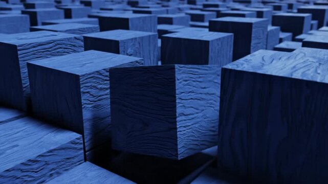 Blue wooden puzzle pieces arranged in a maze pattern with many blocks