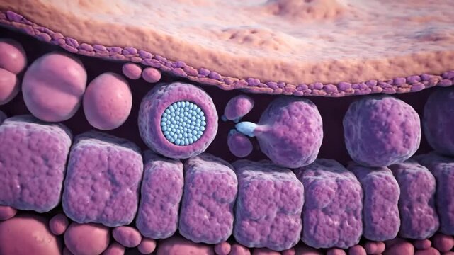 A detailed 3D animation showcasing the intricate processes of cellular activity and secretion within biological tissue.