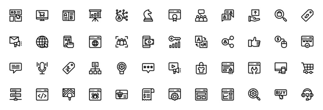 Online Marketing icon set. Vector business icons pack for ads, SEO, social media, email, e-commerce, web development and analytics. Editable stroke.