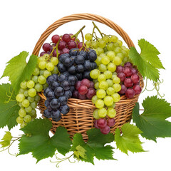 Basket filled with assorted grapes isolated on transparent background