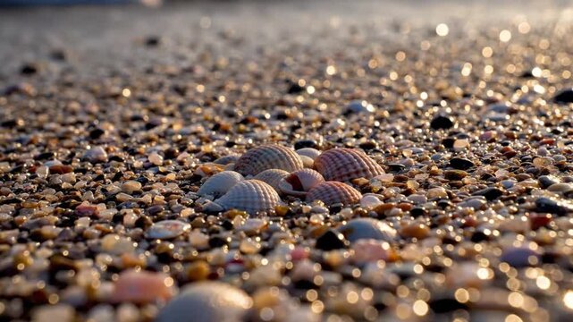 Seashells on a sandy beach at sunset