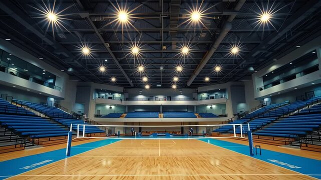 An empty indoor volleyball court with blue stadium seating and bright overhead lights.
