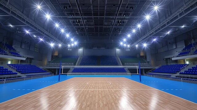 An empty indoor volleyball arena with bright lights and blue seating, ready for a game.