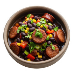 Hearty black bean and sausage stew isolated on transparent background
