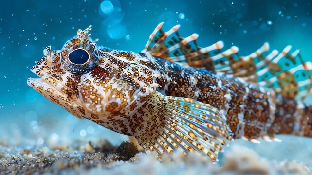 A close-up underwater shot of a small, spiny scorpionfish resting on a sandy seabed.