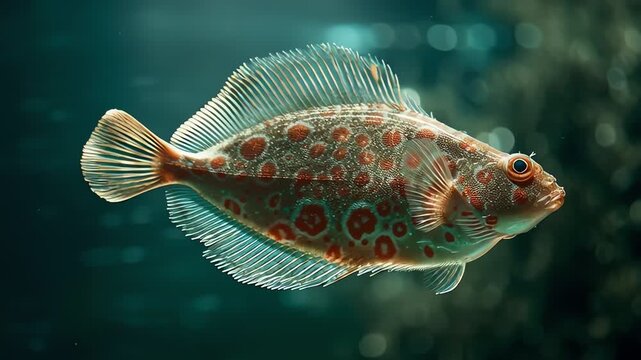 A detailed close-up shot of a flatfish with distinctive red spots swimming in murky blue water.