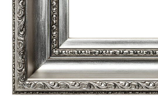 Brushed silver picture frame with ornate details isolated on transparent background