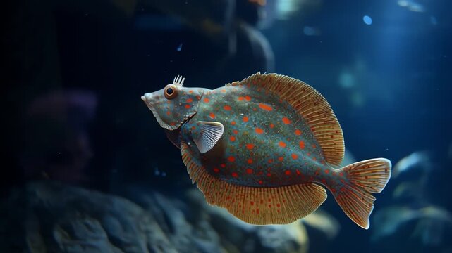 A unique flatfish with distinctive orange spots swims gracefully in the deep blue water of an aquarium.