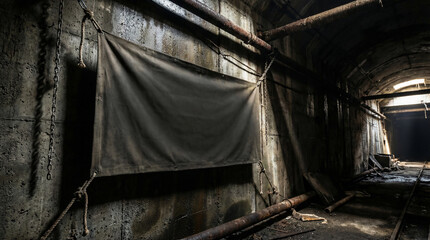 Obraz premium Blank Canvas Sign Hanging in a Dark, Gritty, Abandoned Industrial Tunnel, Featuring Rusty Pipes and Chains on a Concrete Wall.