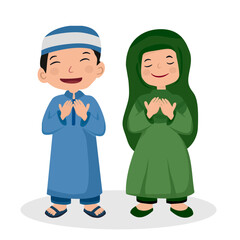 Fototapeta premium Cute Muslim Boy and Girl Praying Together 