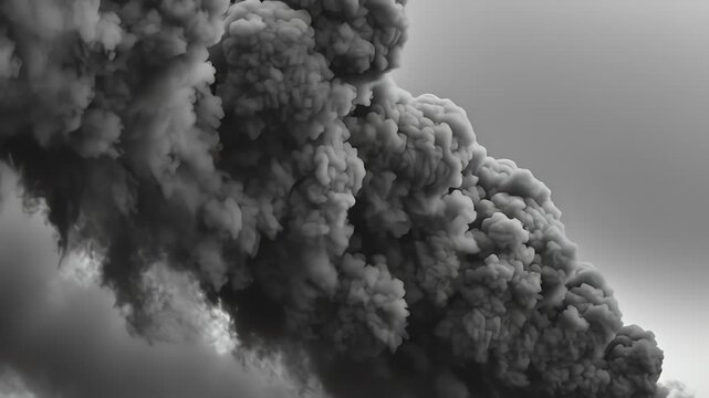 Massive plume of dark gray smoke billows upwards against a cloudy sky.