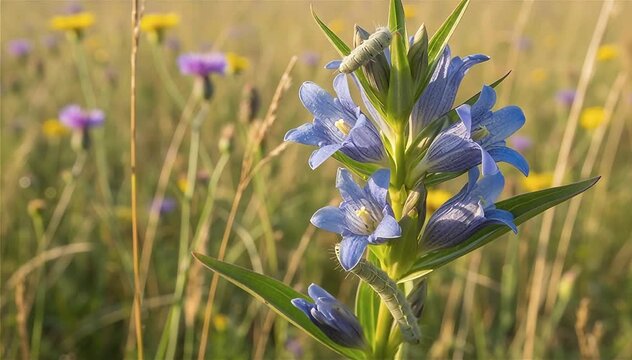 Close up of the Alcon blue caterpillars (Phengaris alcon)  on the marsh gentian in hay meadows, Hungary
