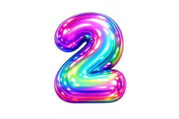 Multicolored number 2 balloon, glossy chrome texture, reflecting holographic colors. Transparent background