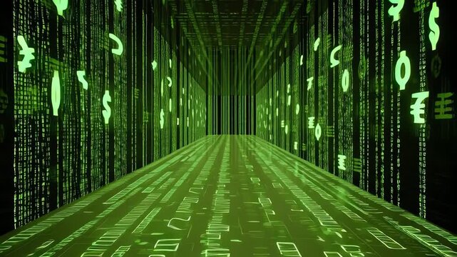A digital tunnel with glowing green binary code and currency symbols cascading down the walls.