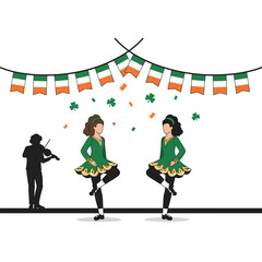 Irish dancers perform with musician and festive decorations on white background