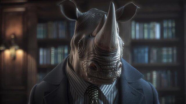 Dapper Rhino: A dignified rhino, clad in a tailored suit and tie, exudes an air of refined sophistication as he poses in a classic library setting.