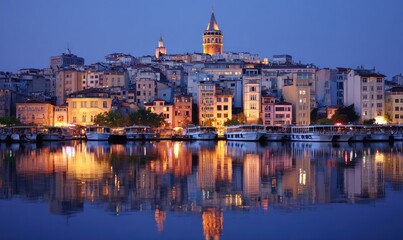 Obraz premium Evening view of a historic cityscape with tower, waterfront, & reflections in calm water