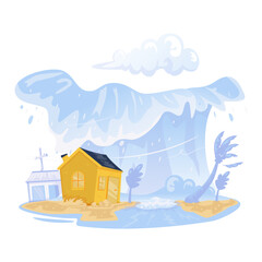 Tsunami Disaster with Giant Wave Sweeping Coastal Area Vector Illustration