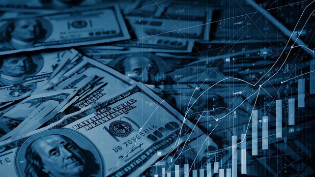 Blue toned image of US dollar bills with overlaid financial graphs and charts representing market trends and economic data.