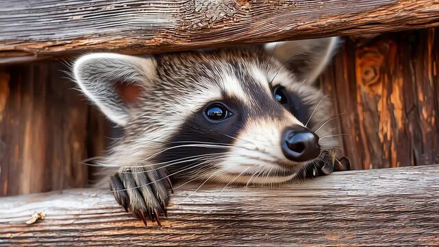 A curious raccoon with its distinctive black mask peeks out from a gap in a rustic wooden fence, its paws resting on the lower plank.