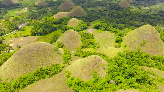 Aerial drone of the chocolate hills, a famous tourist destination on the island of Bohol, Philippines.
