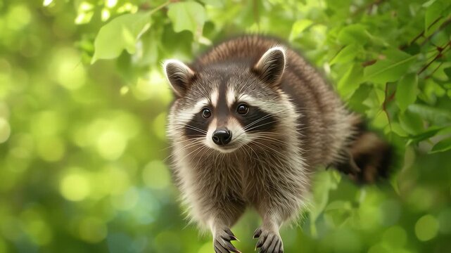 A curious raccoon with its distinctive black mask and ringed tail is perched on a tree branch surrounded by lush green leaves.