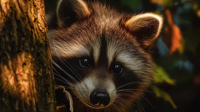 A close-up portrait of a raccoon peeking from behind a tree trunk in a forest setting.
